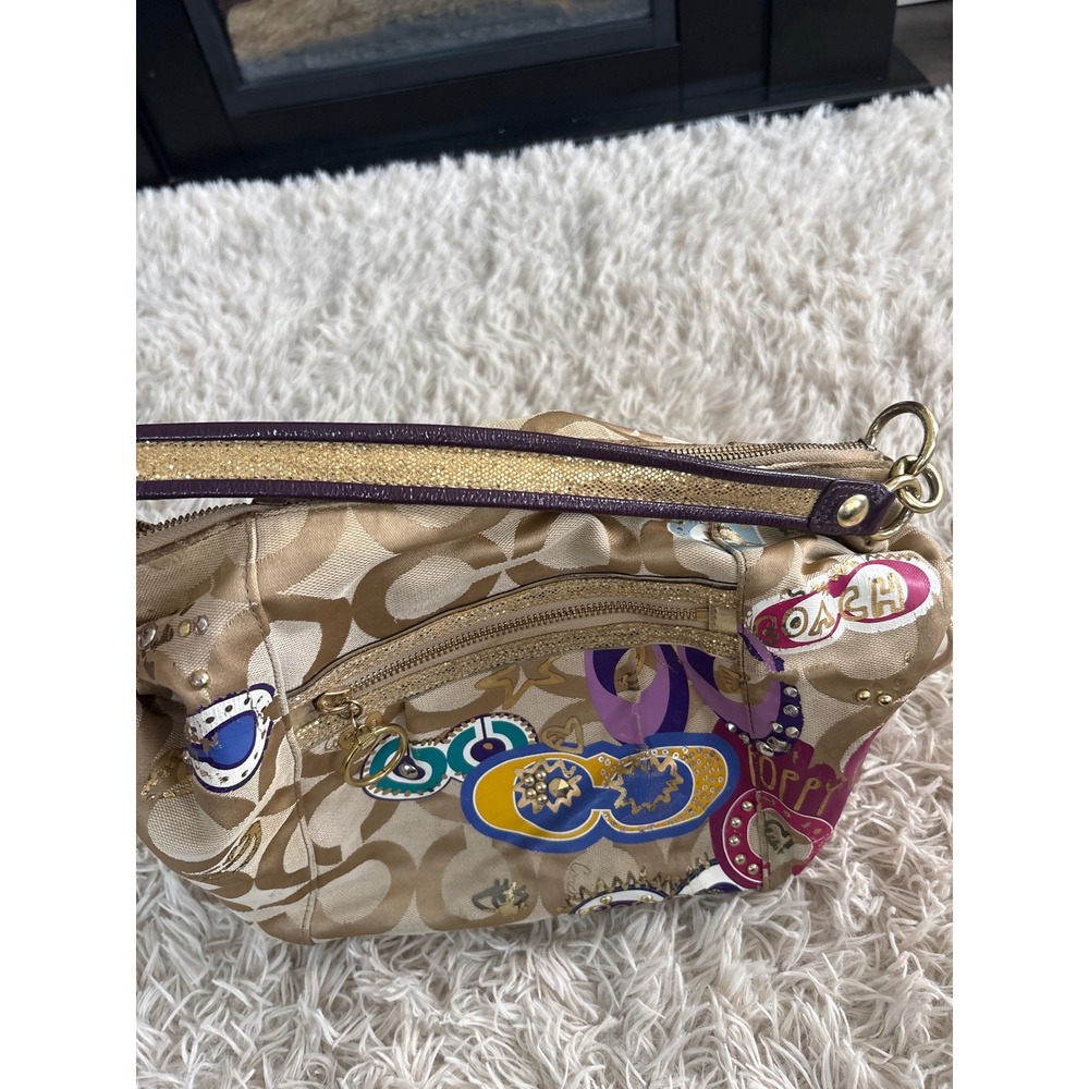 Vintage Coach Poppy Graffiti Glam Shoulder Bag Khaki Monogram Multicolor Sparkle - Picture 5 of 12